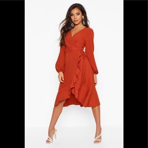 Crepe Ruffle Wrap Midi Skater Dress